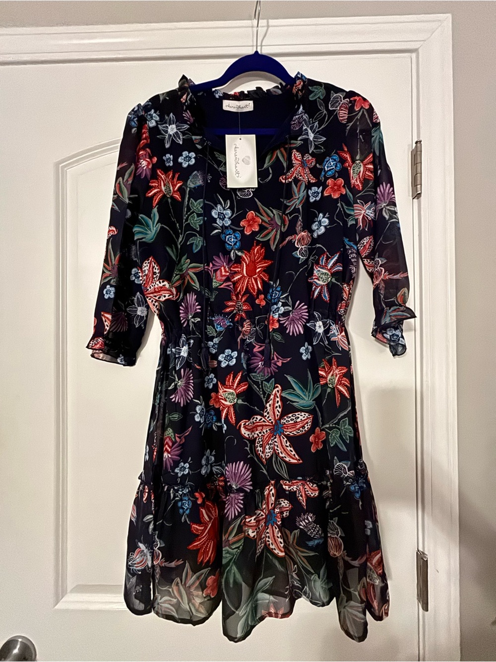 Kerenhart Navy Floral Mini Dress with Red & Green Blooms